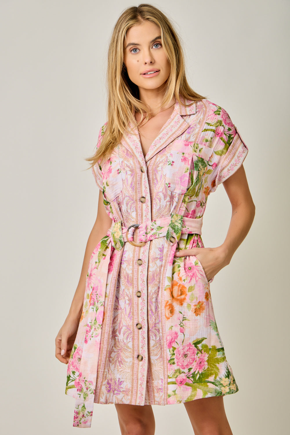 Tropical Floral Print Shirt Dress Rose Mix