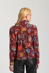 Printed Ruffle Half Placket Blouse Fleur Wine Multi