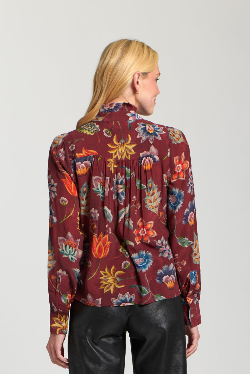 Printed Ruffle Half Placket Blouse Fleur Wine Multi