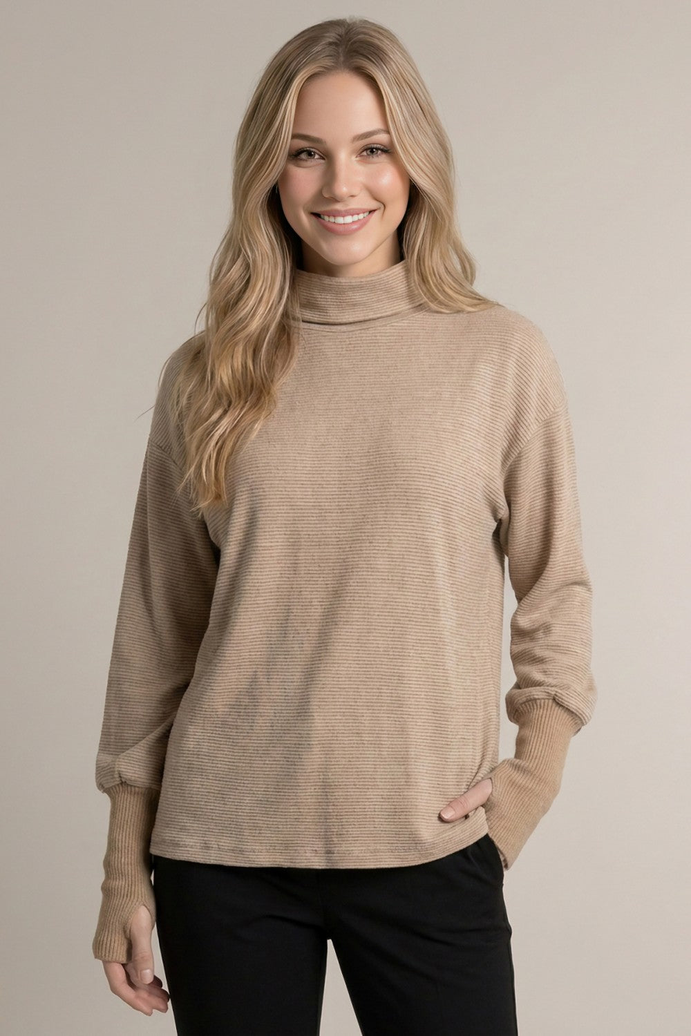 Pinstripe Cowl Mock Neck Long Sleeve Top Mocha