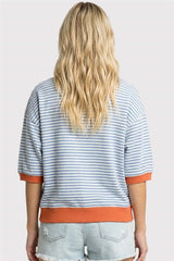 Contrast Band Elbow Sleeve Striped Sweatshirt Top Peach + Blue