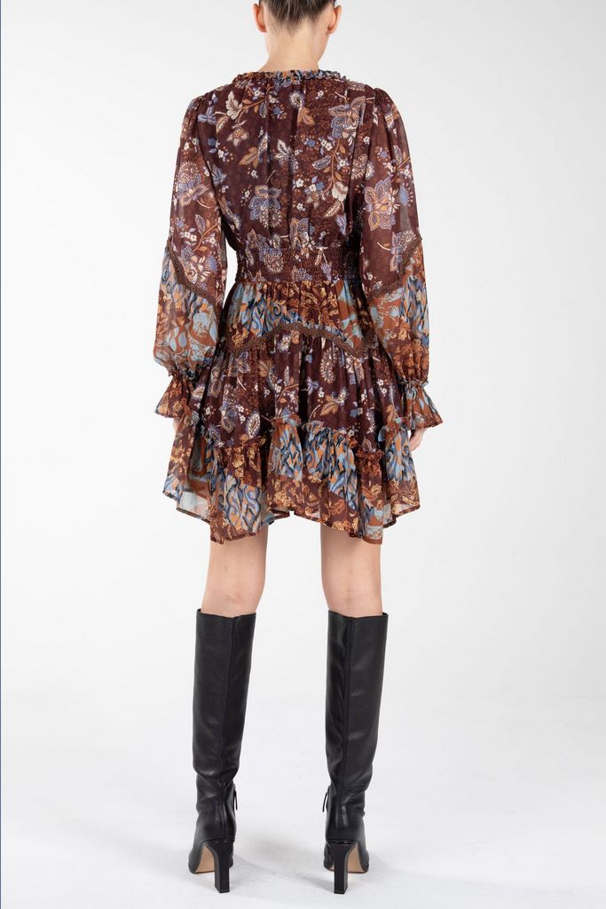 Paisley Print Chiffon Uneven Hem Mini Dress Multi Brown