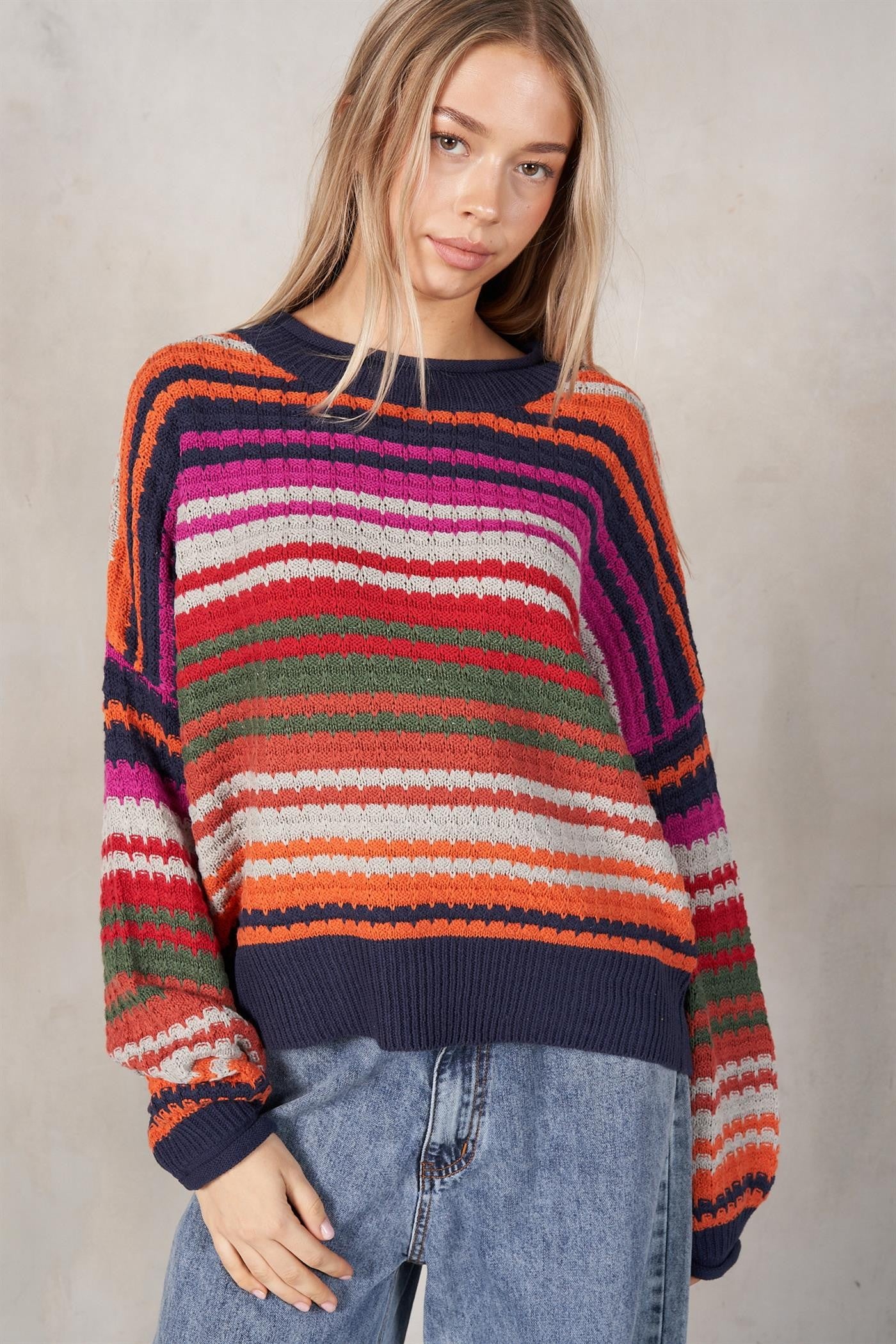 Rolled Sleeve Multicolor Stripe Pullover Sweater Navy Combo