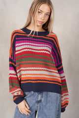 Rolled Sleeve Multicolor Stripe Pullover Sweater Navy Combo