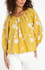 3/4 Sleeve Embroidered Woven Top Yellow + Cream