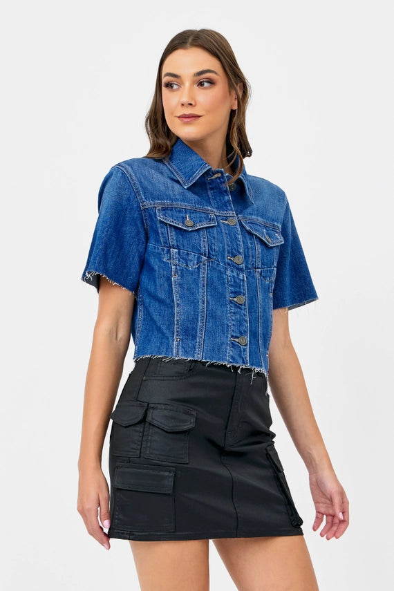 Short Sleeve Cropped Denim Jacket Dark Blue
