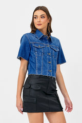 Short Sleeve Cropped Denim Jacket Dark Blue