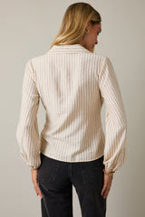 Long Sleeve Waist Tie Button Up Stripe Shirt Cream + Black