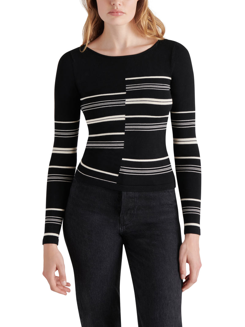 Joanne Boat Neck Mixed Stripe Ribbed Sweater Black Multi