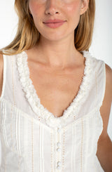 Ruffle Detail Pintuck Tank Cream Stripe Embroidered