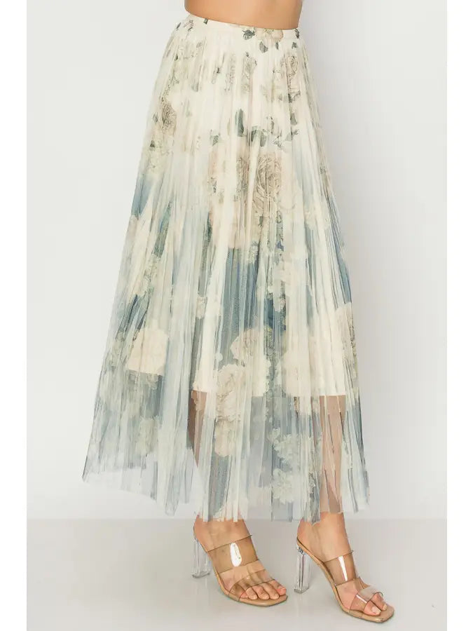 Floral Gradient Mesh Pleated Maxi Skirt