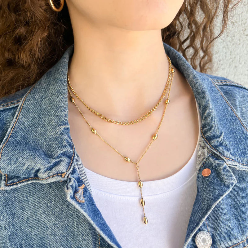 WR  Double Layer Curb Chain Beaded Lariat Necklace