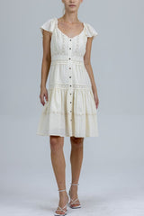 Eyelet Detail Flutter Sleeve Buttoned Dress Natural
