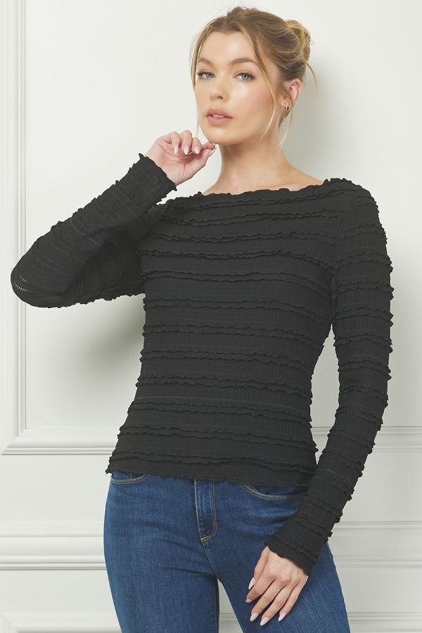 Long Sleeve Layered Ruffle Lace Top Black