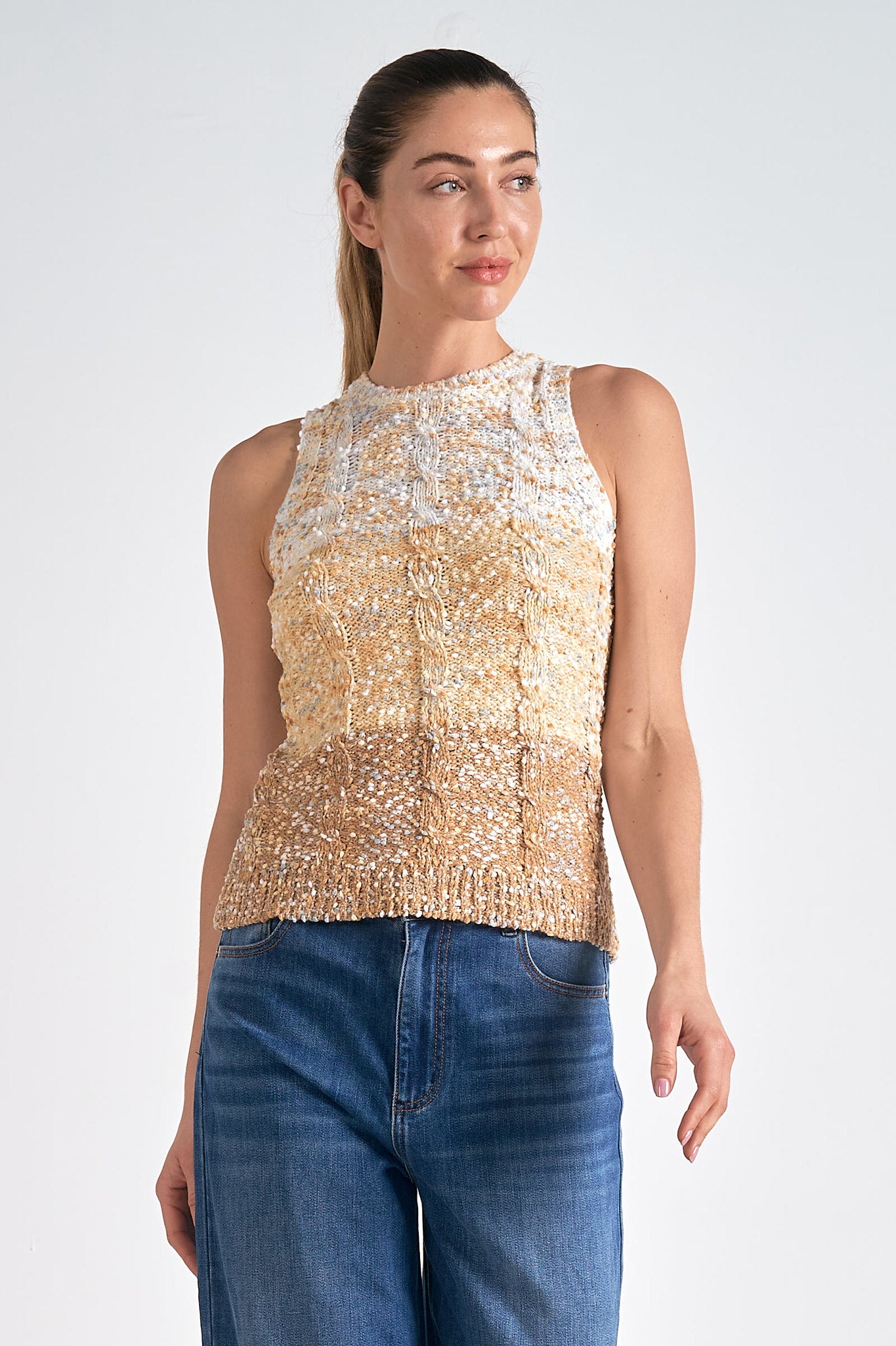 Cable Knit Confetti Sweater Tank Beige Ombre