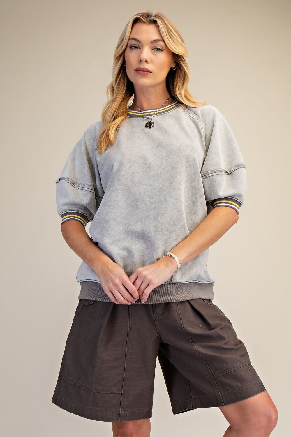 Puffed Ribbed Banded Bottom Pullover Cloud Grey