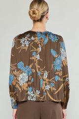 Long Sleeve Button Back Pleated Blouse Brown Floral