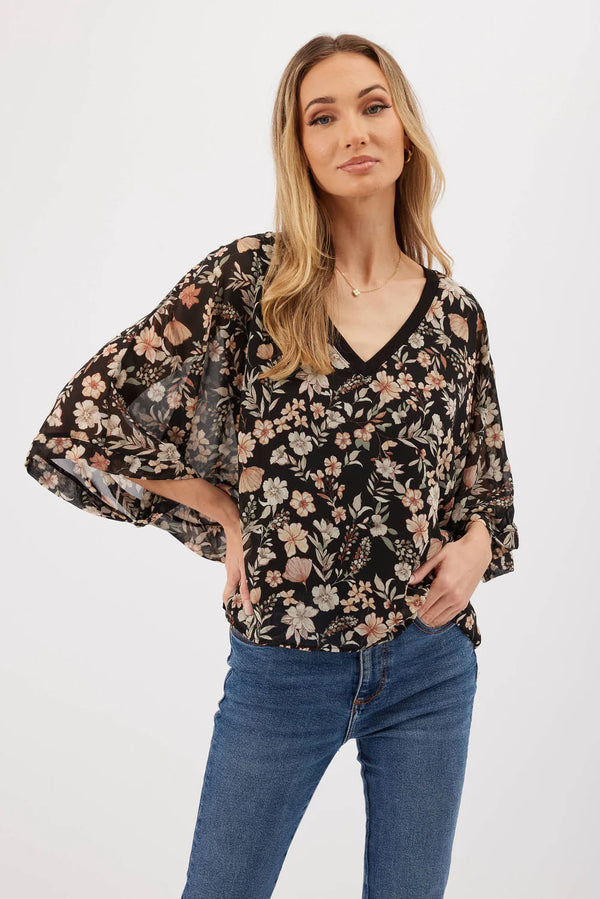 Opal Sheer Kimono Sleeve Top Black + Mustard Floral