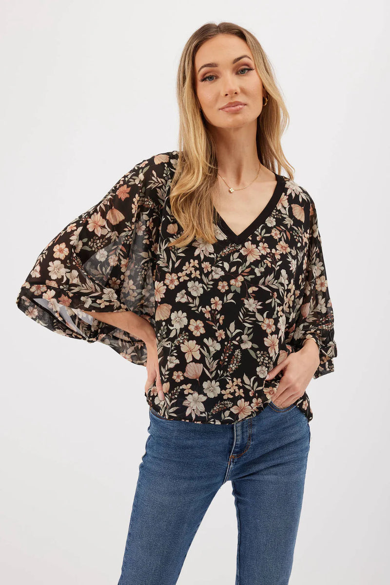 Opal Sheer Kimono Sleeve Top Black + Mustard Floral