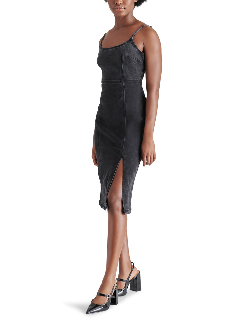 Giselle Side Slit Stretch Denim Midi Dress Black Denim