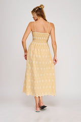 Embroidered Floral Gingham Smocked Maxi Dress Yellow