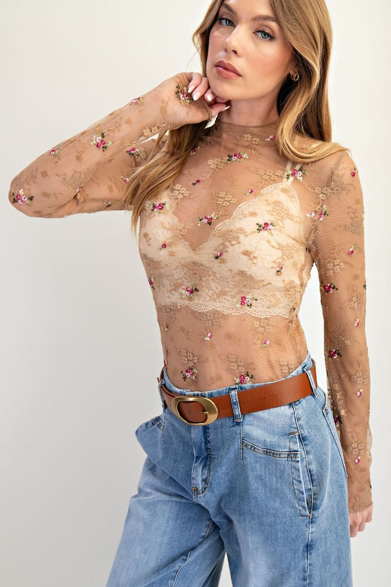 Floral Embroidery Lace Top Camel