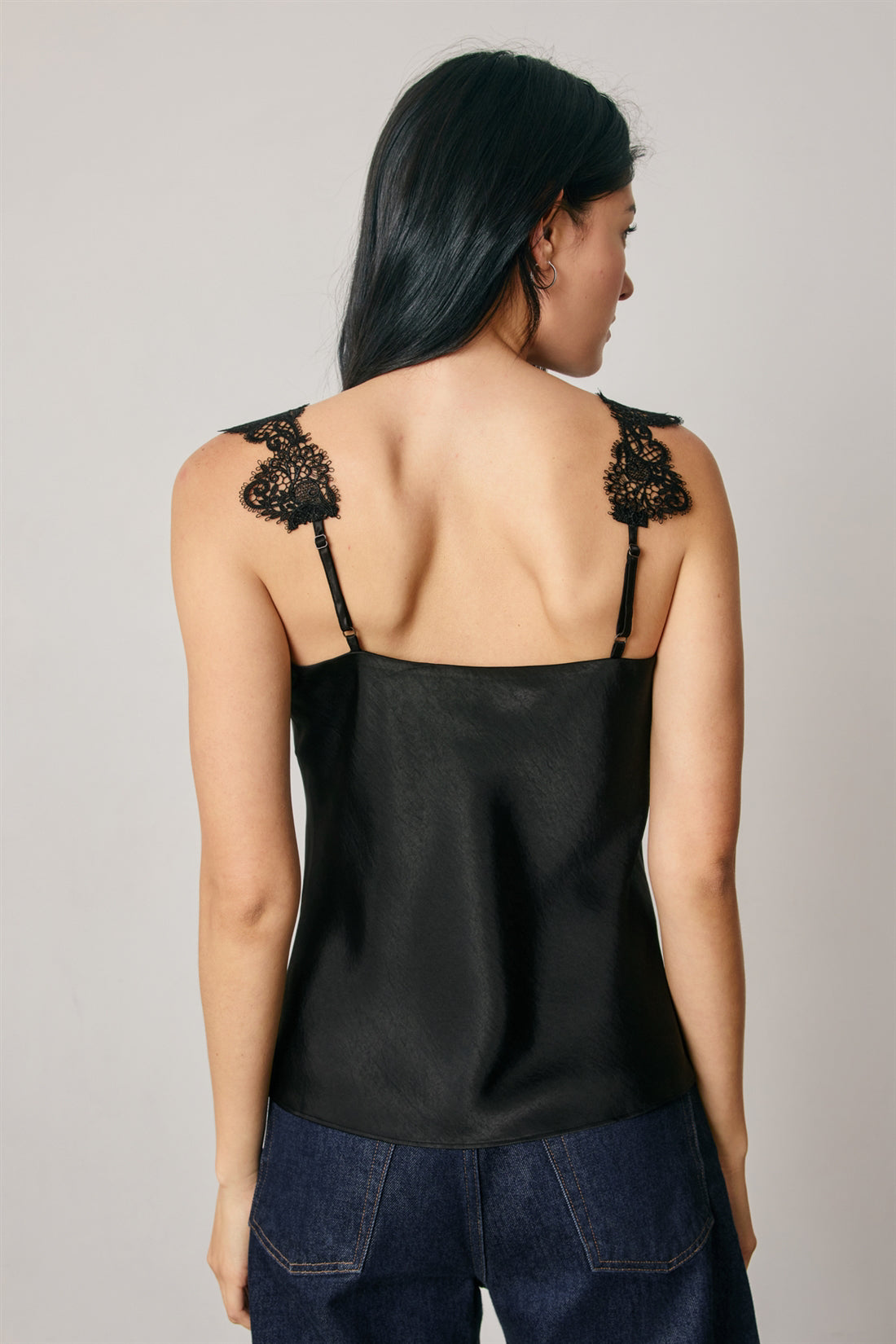 Satin Lace Trim Cami Top Black