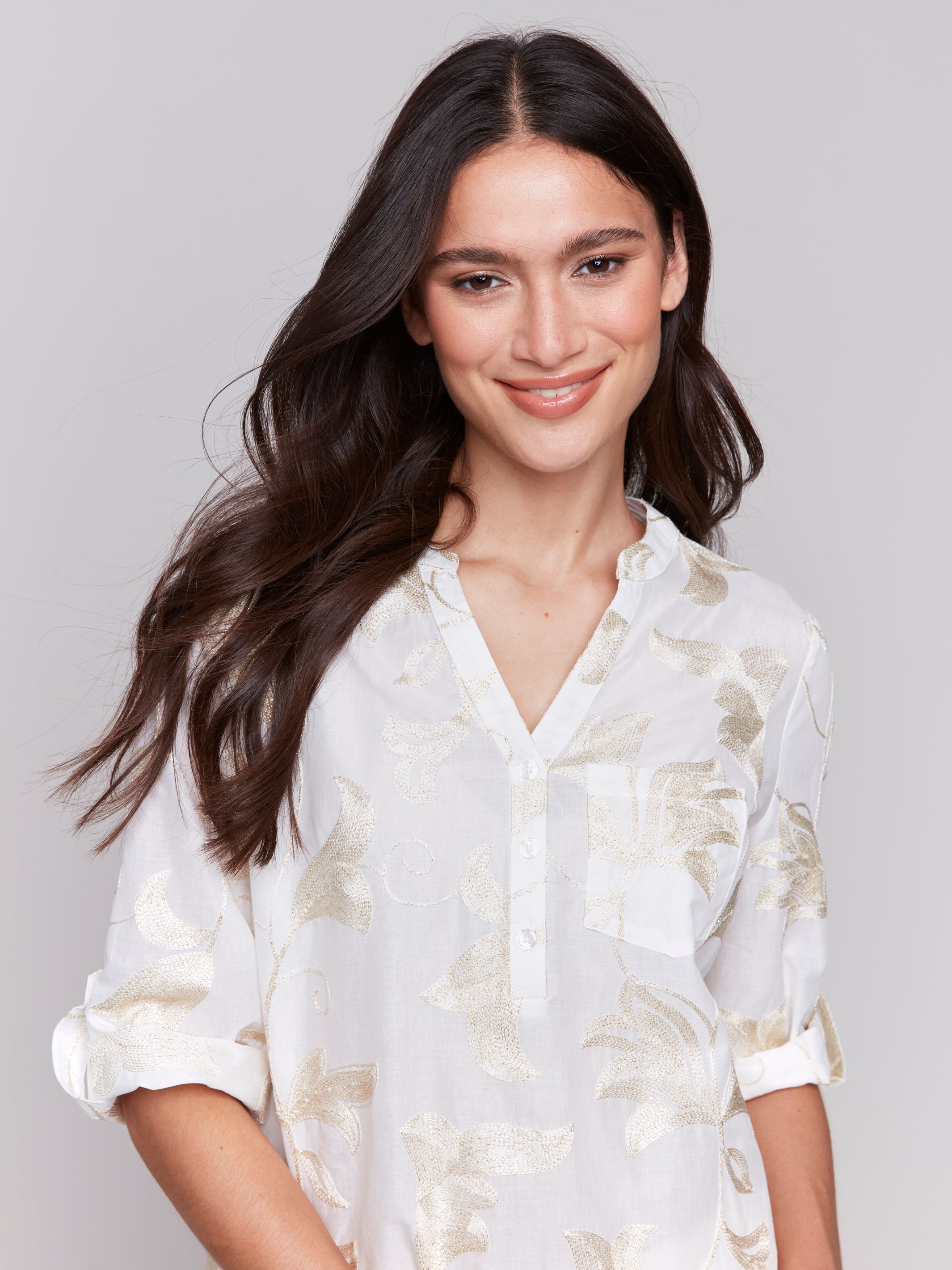 Metallic Embroidered Vines Rolled Sleeve Blouse Gold