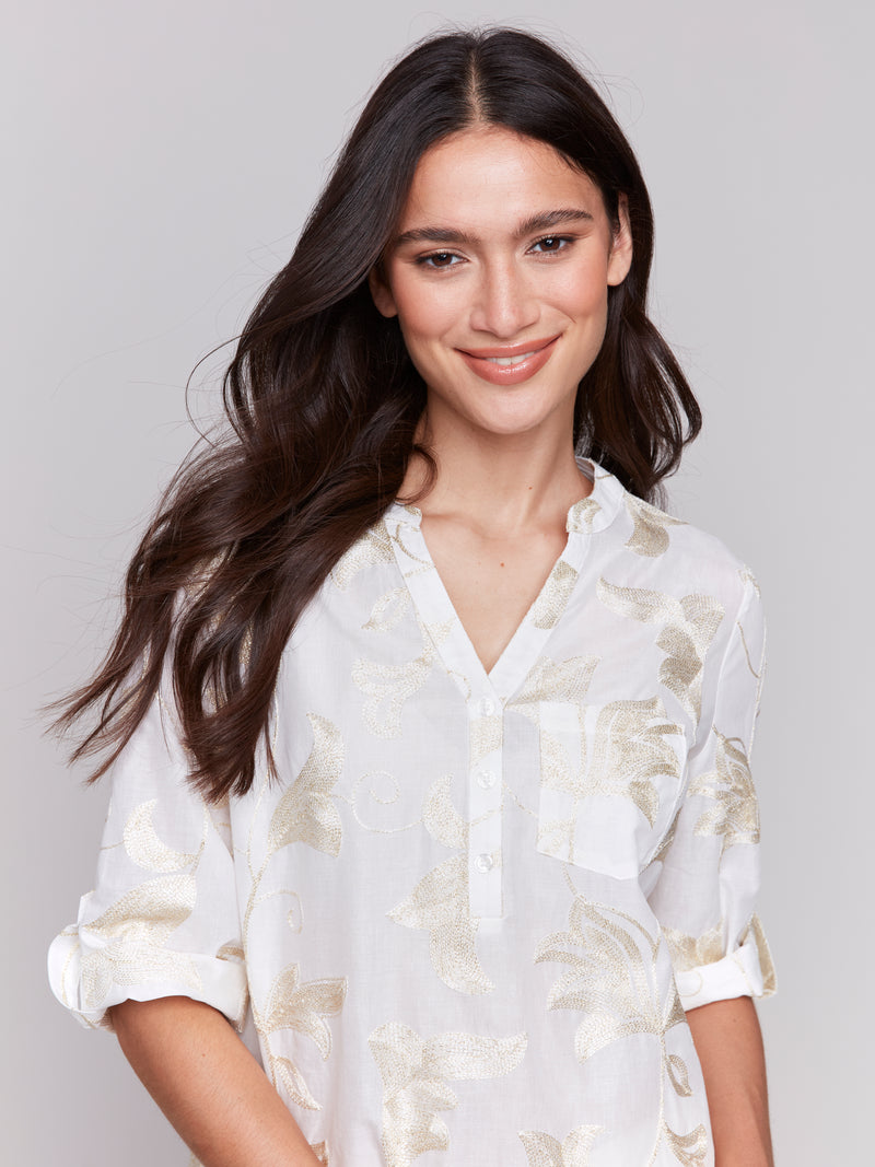 Metallic Embroidered Vines Rolled Sleeve Blouse Gold