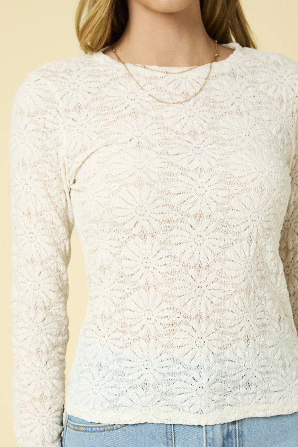 Long Sleeve Round Neck Texture Knit Top Ivory