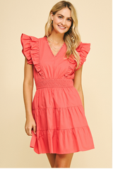 Double Ruffled Sleeve Tiered Mini Dress Coral