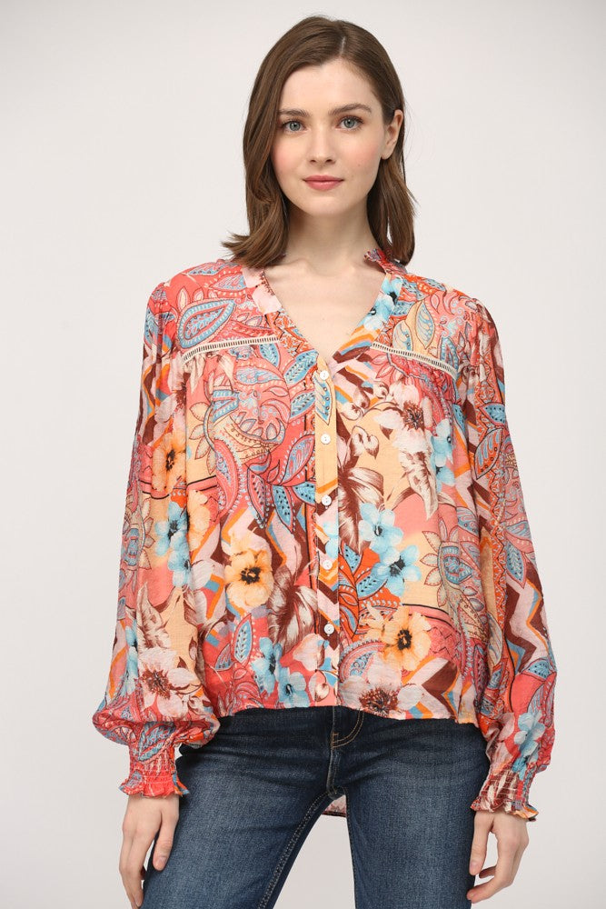 Floral Paisley Lace Inset Blouse  Peach Multi