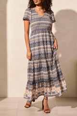 Printed Smock Top Tiered Maxi Dress Scuba Blue