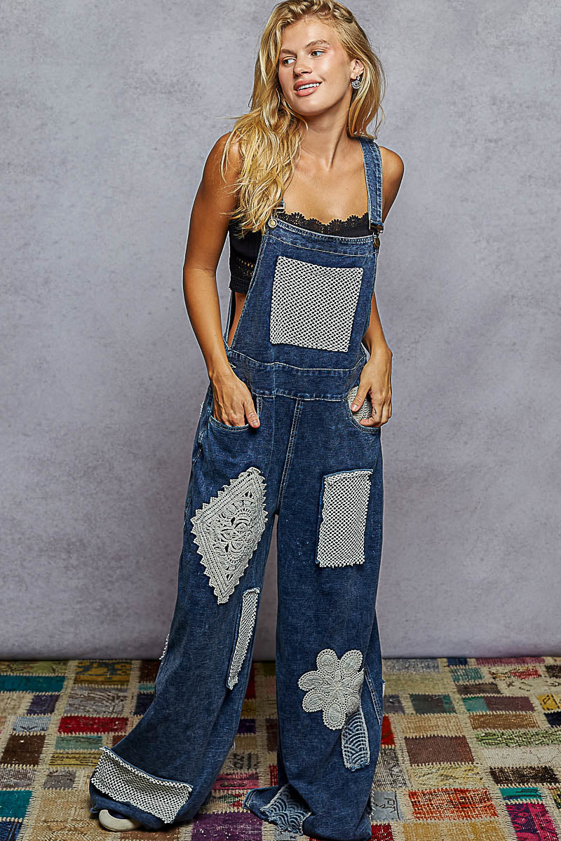 Crochet Patch Mesh Detail Overalls Indigo
