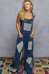 Crochet Patch Mesh Detail Overalls Indigo