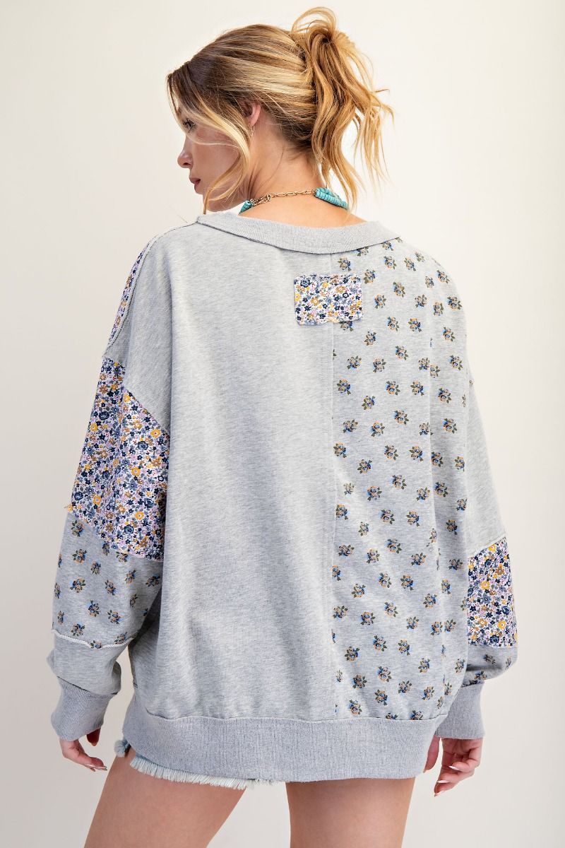 Mineral Wash Mix Floral Patchwork Pullover Heather Grey