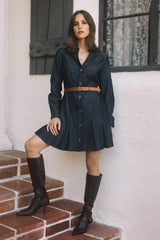 Pleated Detail Contrast Stitch Belted Denim Dress Dark Denim