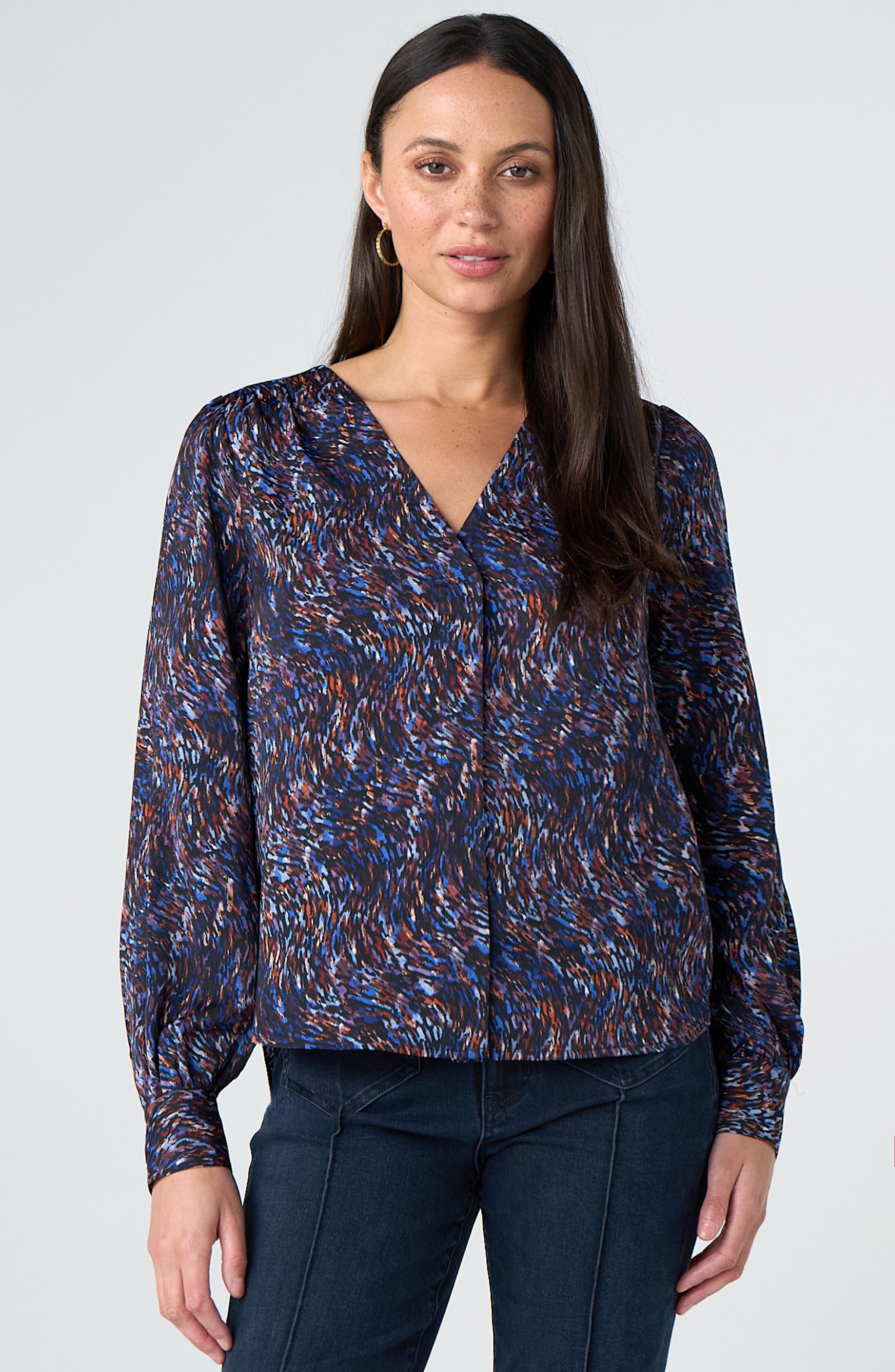 Vneck Long Sleeve Woven Printed Blouse Blue Brown Multi