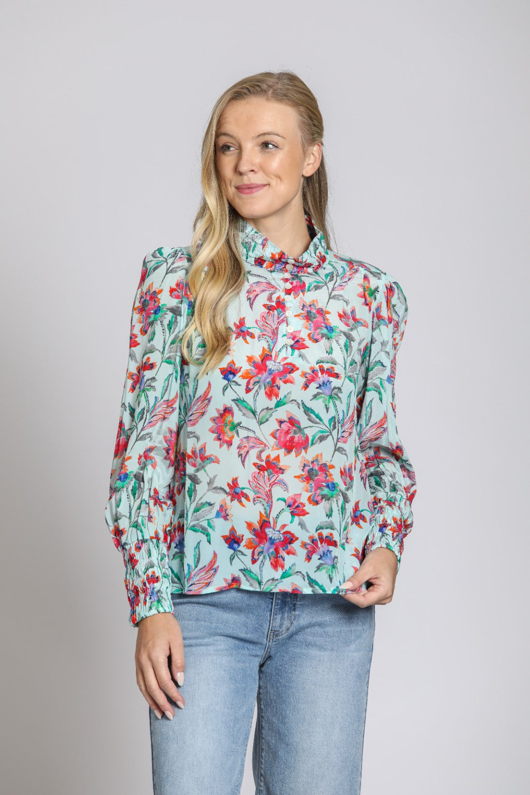 Puff Sleeve Collar Detail 3/4 Button Down Blouse Turquoise Multi