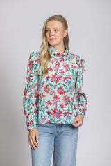 Puff Sleeve Collar Detail 3/4 Button Down Blouse Turquoise Multi
