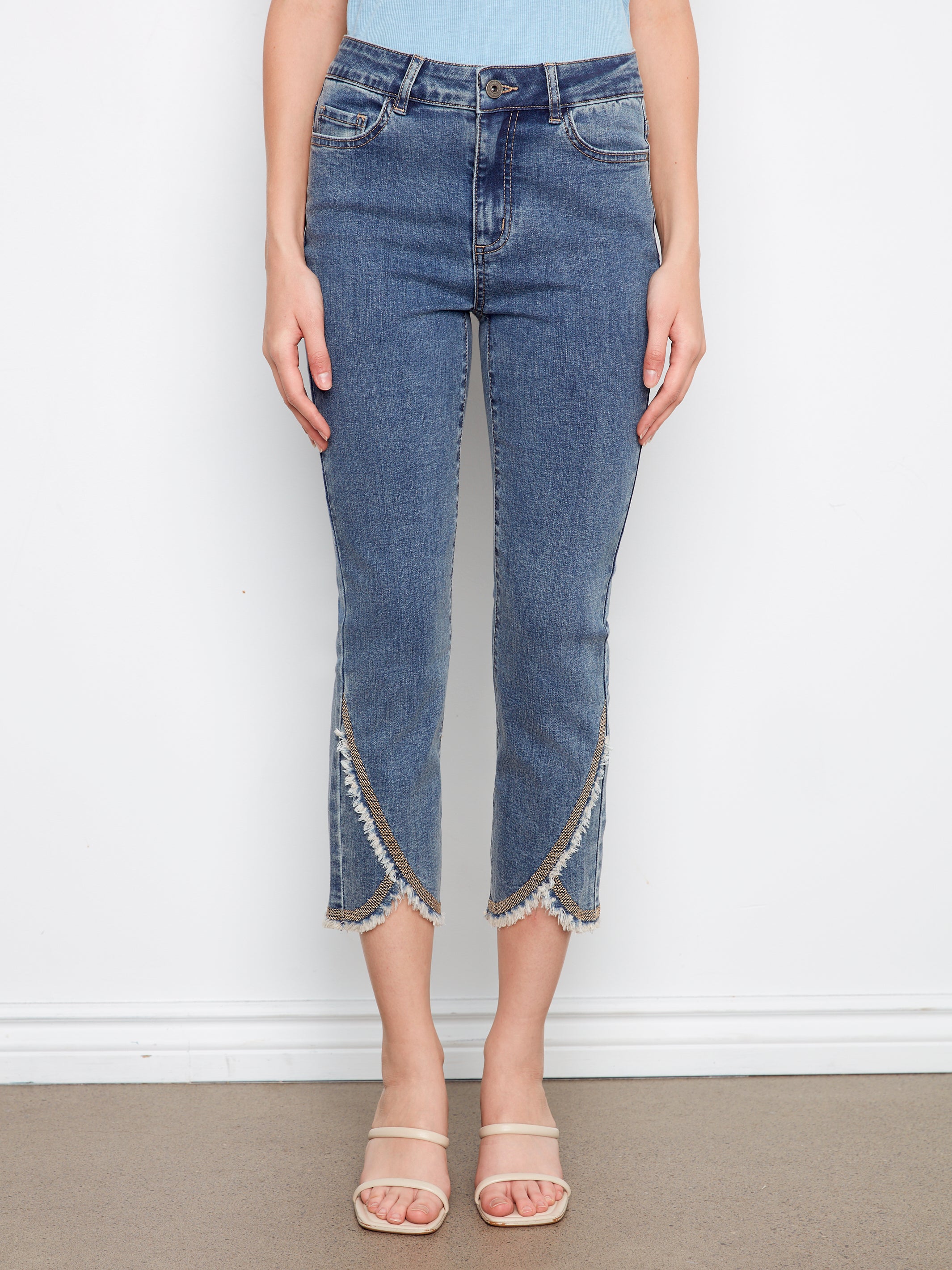 Embroidered Stitch Tulip Slim Leg Jeans Medium Blue