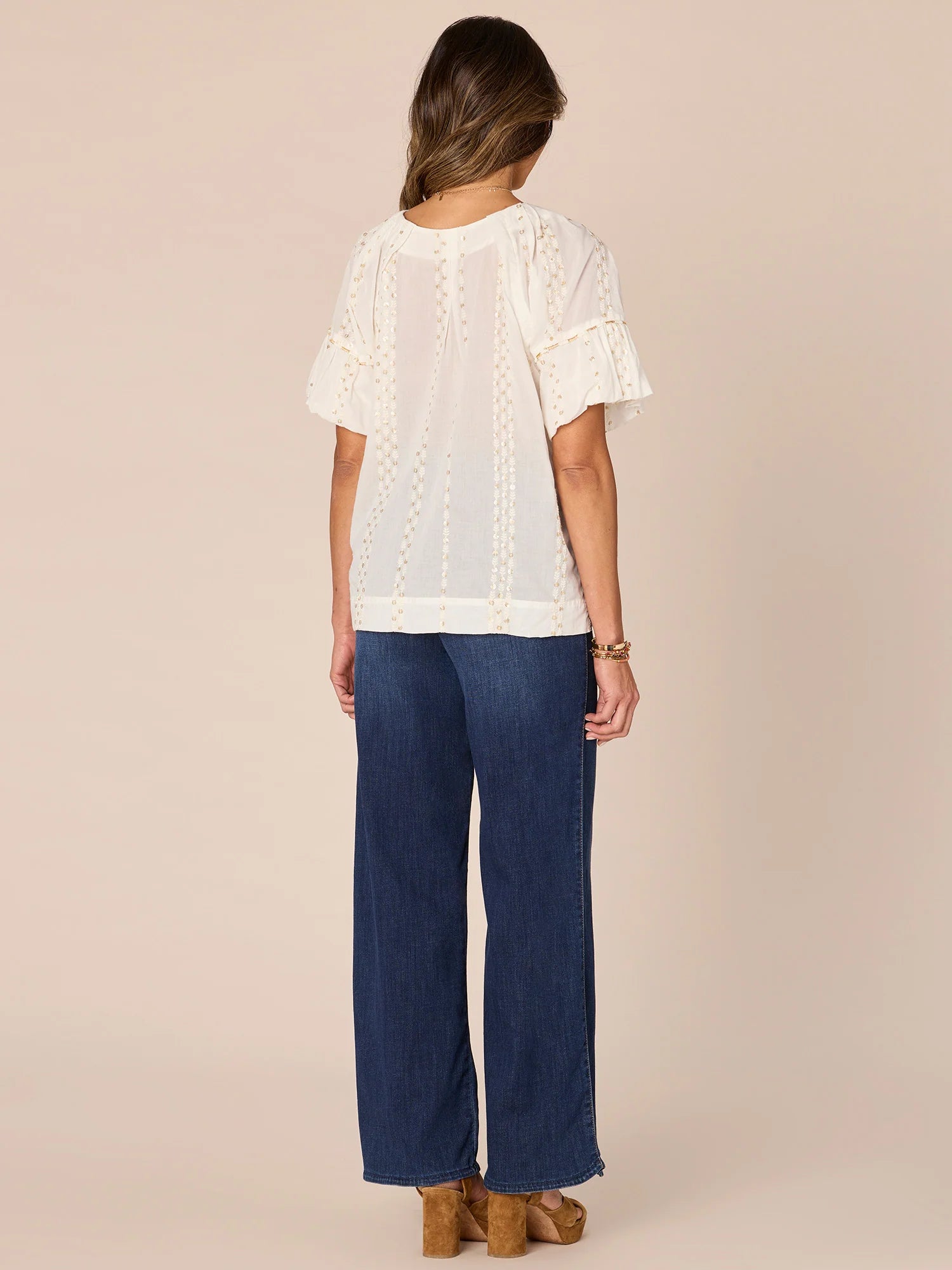 Short Bubble Sleeve Emb. Sequins Woven Top Ecru