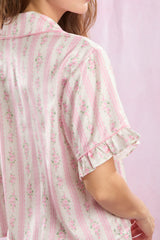 Stripe Floral Satin PJ Set Pink + White