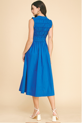 Front Ribbon Tie Smocked Top Midi Dress Summer Blue