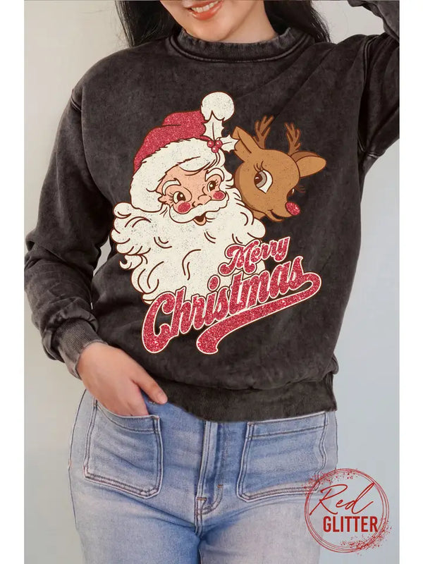 Merry Christmas Santa Glitter Mineral Sweatshirt Black