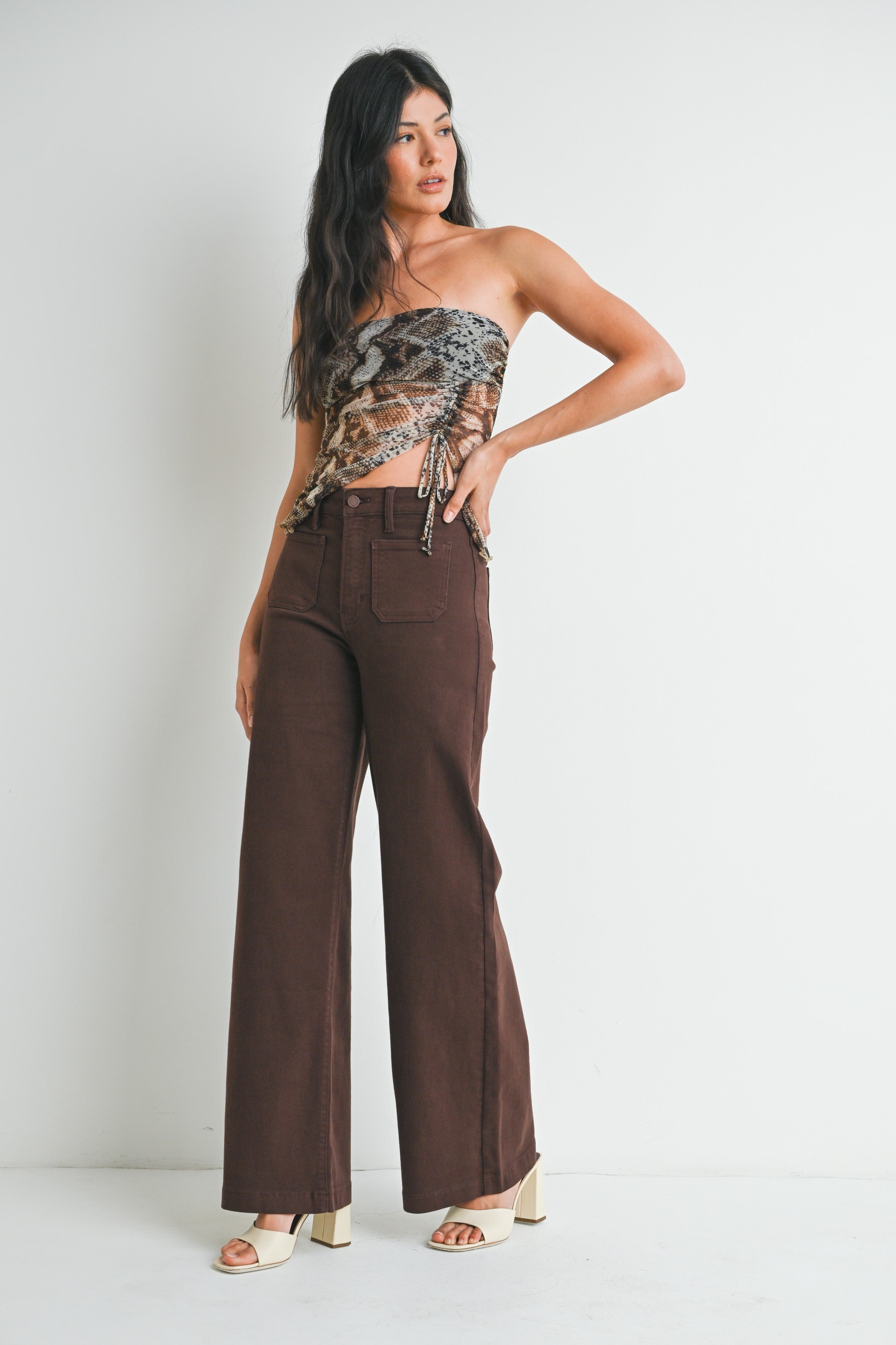 Mini Patch Pocket Wide Hem Flare Jeans Dark Brown