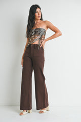 Mini Patch Pocket Wide Hem Flare Jeans Dark Brown