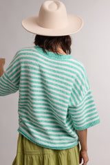 Stripe Short Sleeve Cardigan Green + White