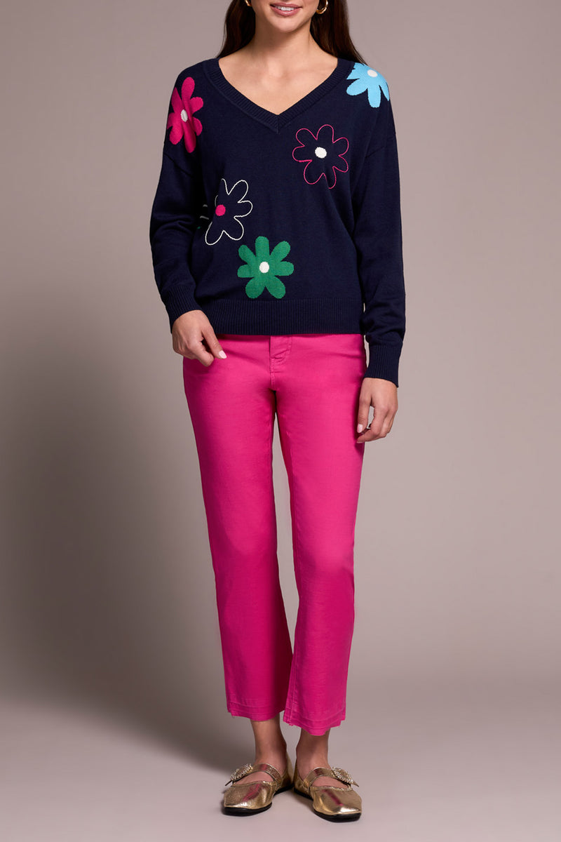 Floral Jacquard Embroidered Vneck Sweater Nightfall