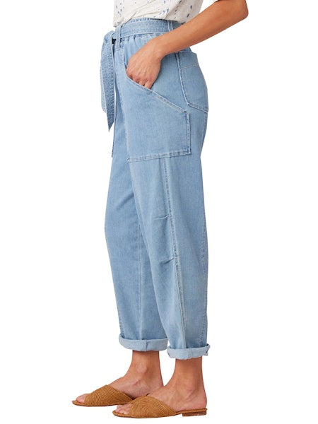 Skyrise Barrel Leg Roll Cuff Tied Pants Light Blue